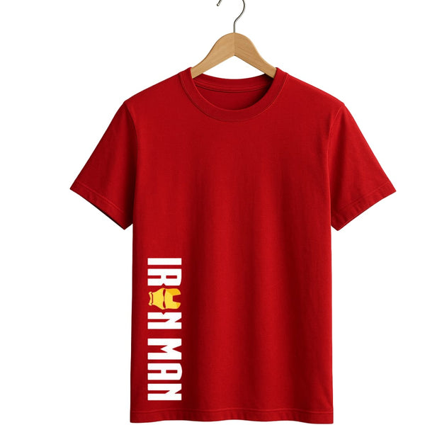 Iron Man Vertical Typography Tee – Red Superhero round neck