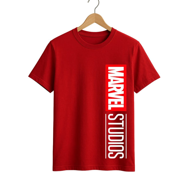 Marvel Studios Signature Vertical Logo Round neck T-Shirt – Crimson Red