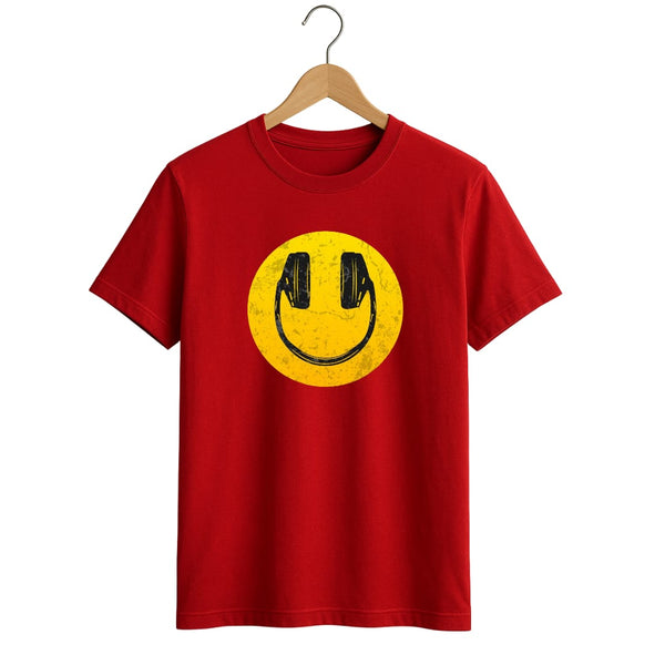 Headphone Smile Retro Graphic Red Round Neck T-Shirt
