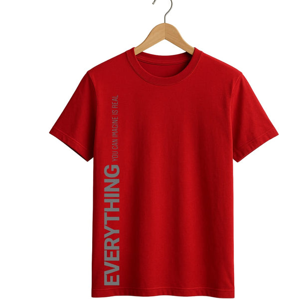Men's Red Oversized Tee with Minimalist Vertical Slogan